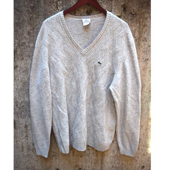 Lacoste Beige V-Neck Cable Knit Wool Blend Sweater Size 42 (M) - Picture 1 of 3